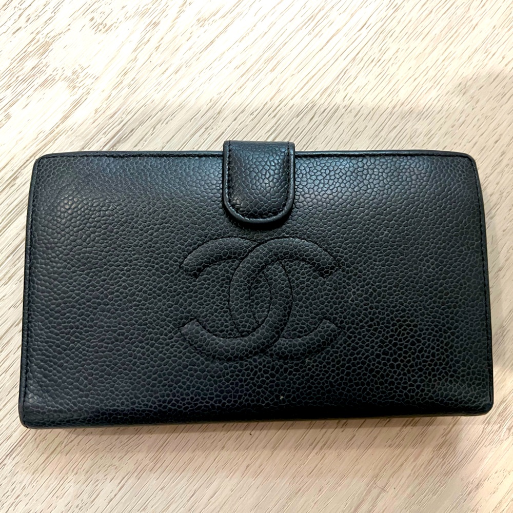 Chanel Black Caviar Leather CC Logo Long Bifold Wallet